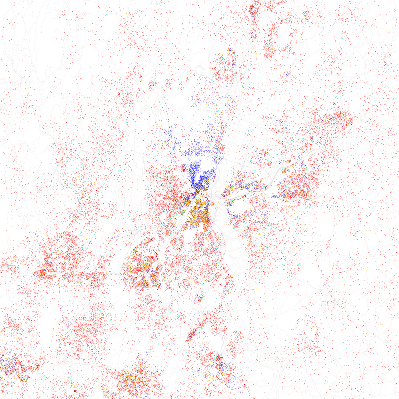 Maps of racial and ethnic divisions in US cities, inspired by Bill Rankin's map of Chicago, updated for Census 2010.
Red is White, Blue is Black, Green is Asian, Orange is Hispanic, Yellow is Other, and each dot is 25 residents.

Data from Census