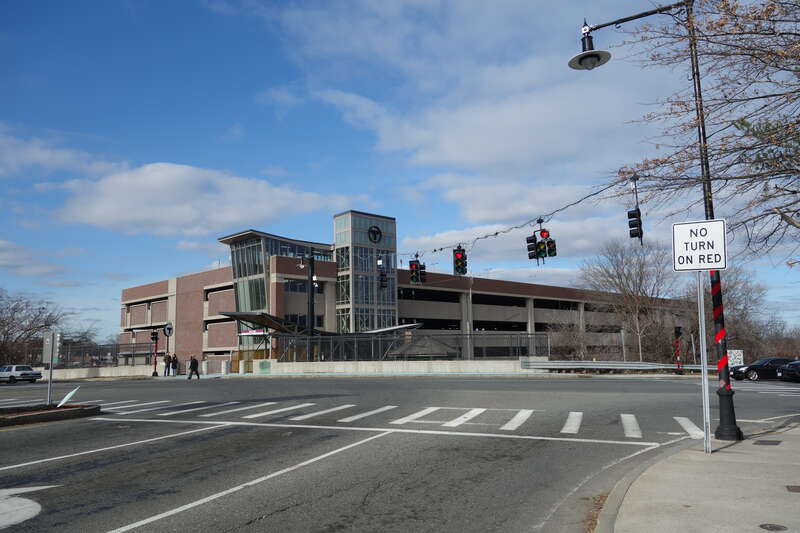 Looking north at the Salem MBTA rail station and terminal, at Washington Street and Bridge Street in downtown Salem, Massachusetts.