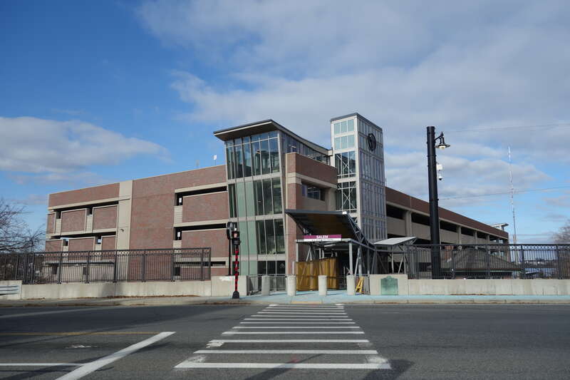 Looking north at the Salem MBTA rail station and terminal, at Washington Street and Bridge Street in downtown Salem, Massachusetts.