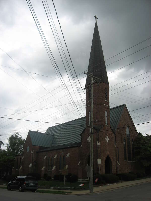 Front and western side of St. Philip's Episcopal Church, located on the northeastern corner of the intersection of Short and Chiles Streets in Harrodsburg, Kentucky, United States.  Built in 1860, it is listed on the National Register of Historic