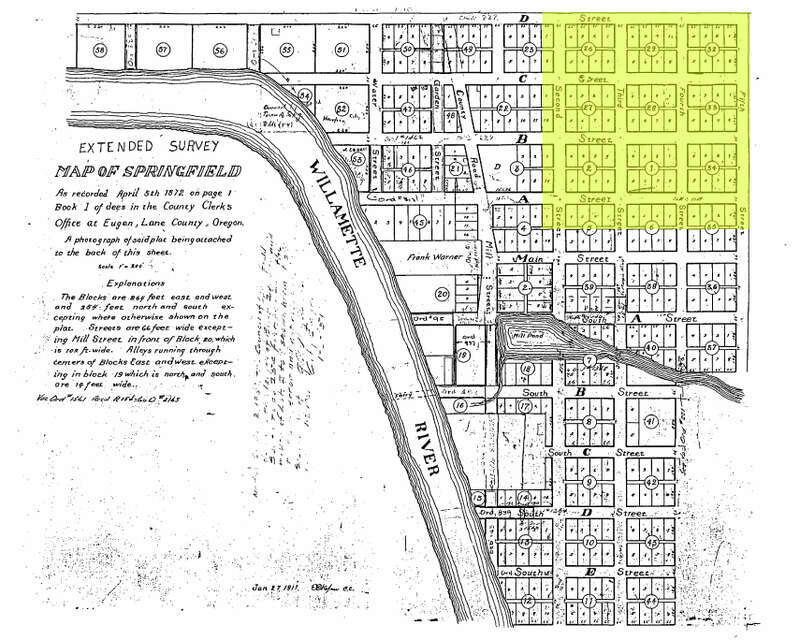 The highlighted area shows the southwest quarter of what would become the Washburne Historic District in Springfield, Oregon