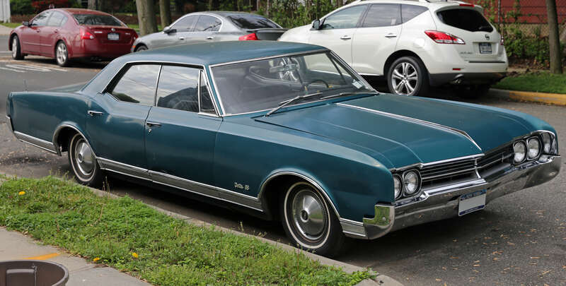 A 1966 Oldsmobile Delta 88 Holiday hardtop 4-door sedan. V8 engine, assembled in Linden, NJ.