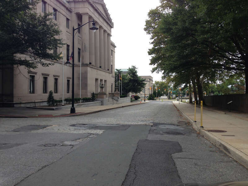 View south along Barack Street at West Front Street in Trenton, New Jersey, with a partial sett surface