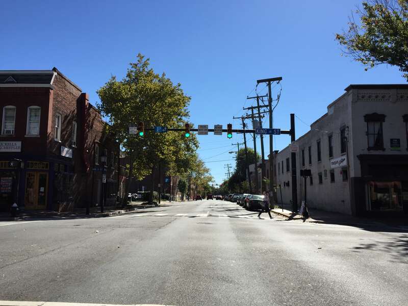 View south along U.S. Route 1 (Henry Street) at Virginia State Route 7 (King Street) in Alexandria, Virginia