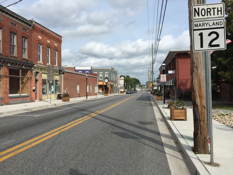 View north along Maryland State Route 12 (Washington Street) at U.S. Route 113 Business (Market Street) in Snow Hill, Worcester County, Maryland