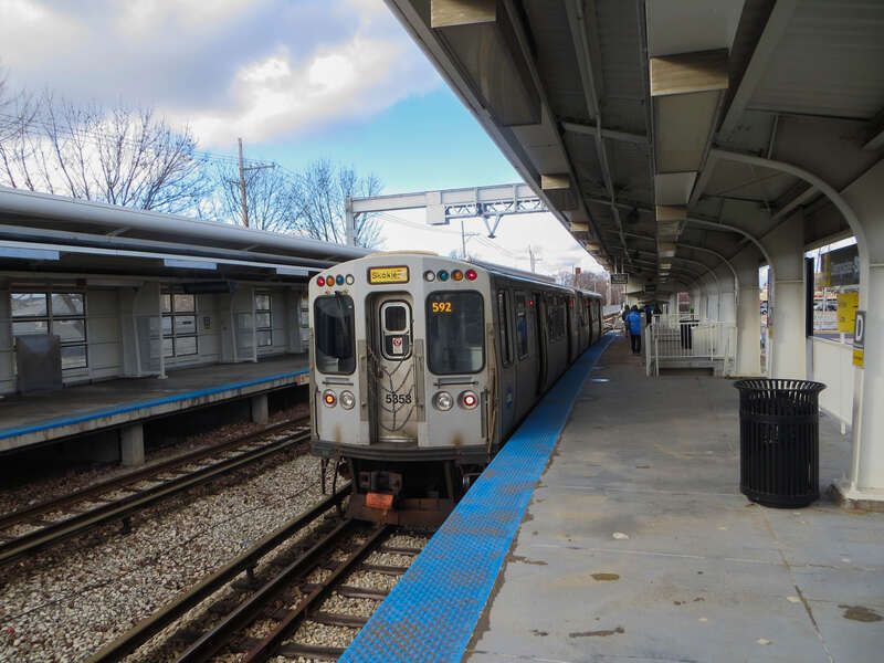 A train at the Dempster–Skokie station on the CTA Yellow Line in Skokie, Illinois.
