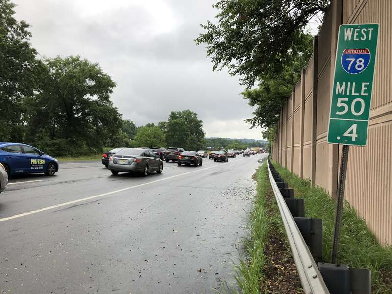 View west along Interstate 78 (Phillipsburg-Newark Expressway) between Exit 50A and Exit 48 in Millburn Township, Essex County, New Jersey