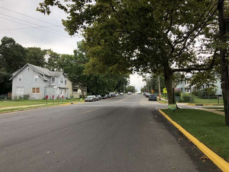 View south along Ocean County Route 547 (Monmouth Avenue) at Squankum Road in Lakewood Township, Ocean County, New Jersey