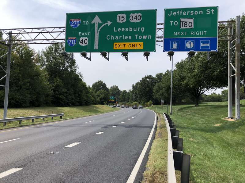 View south along U.S. Route 15 and east along U.S. Route 40 (Frederick Freeway) between Patrick Street and Jefferson Street in Frederick, Frederick County, Maryland