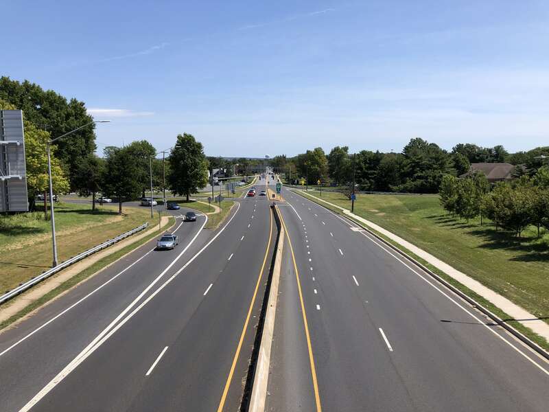 View east along West Patrick Street where it merges with U.S. Route 40 westbound from the overpass for U.S. Route 15 and U.S. Route 40 westbound (Frederick Freeway) in Frederick, Frederick County, Maryland