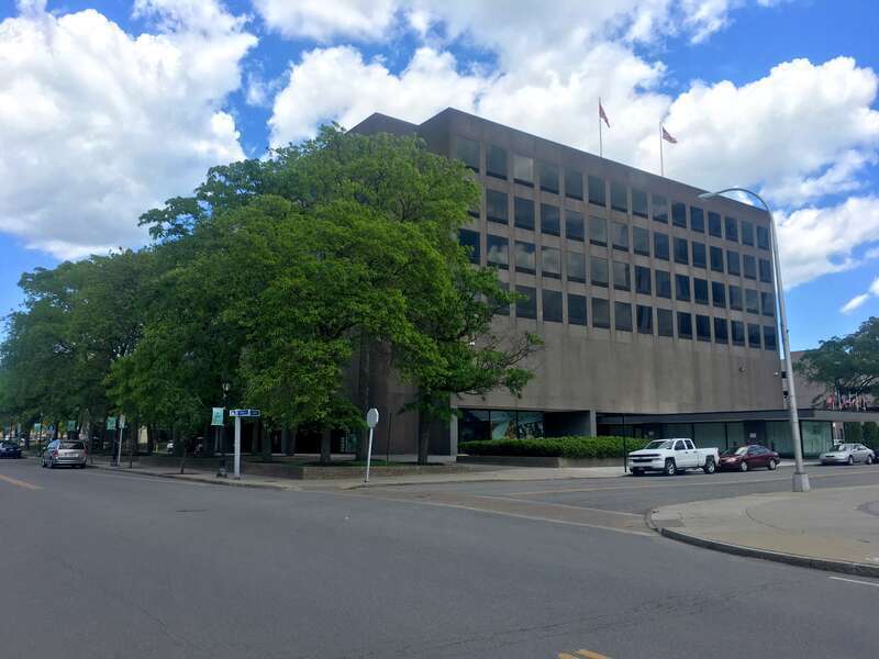 Carborundum Center (Seneca Office Building), viewed from the southwest at the corner of 3rd Street and Wendel Way.