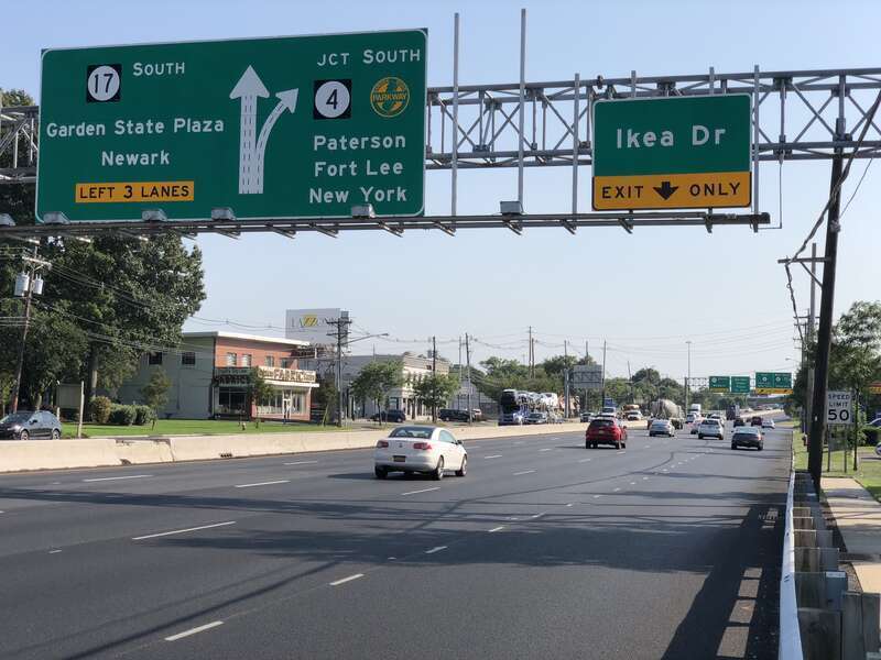 View south along New Jersey State Route 17 at the exit for Ikea Drive in Paramus, Bergen County, New Jersey