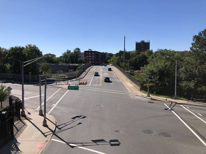 View south along Essex County Route 509 (Grove Street) from the overpass for the rail line just north of Dr. Martin Luther King Junior Boulevard in East Orange, Essex County, New Jersey