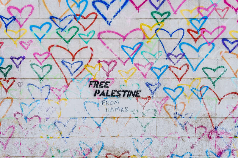 Anti-Jewish racist / genocidal graffiti (“Free Palestine”) sprayed on “Untitled (Brainwash)” at Washington, DC’s Union Market now has the added truthified statement “From Hamas”
In May and June, 2021, several Washington, DC landmarks and