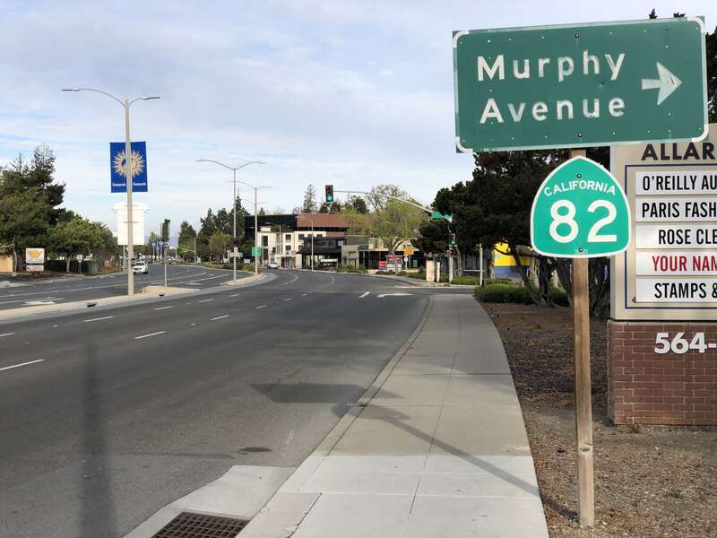 View northwest along California State Route 82 (El Camino Real) between Sunnyvale Avenue and Murphy Avenue in Sunnyvale, Santa Clara County, California