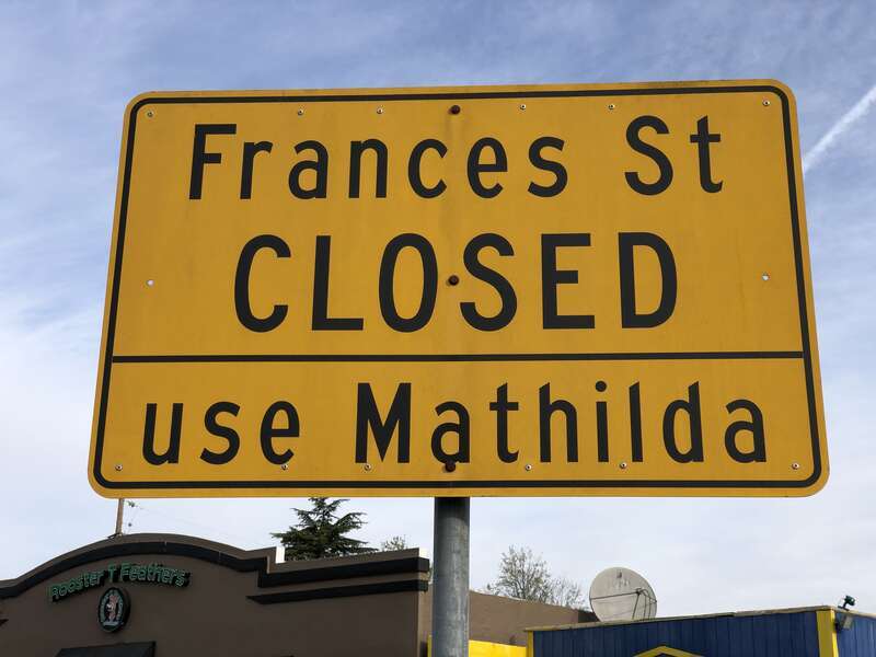 &quot;Frances Street CLOSED&quot; sign along California State Route 82 (El Camino Real) near Frances Street in Sunnyvale, Santa Clara County, California