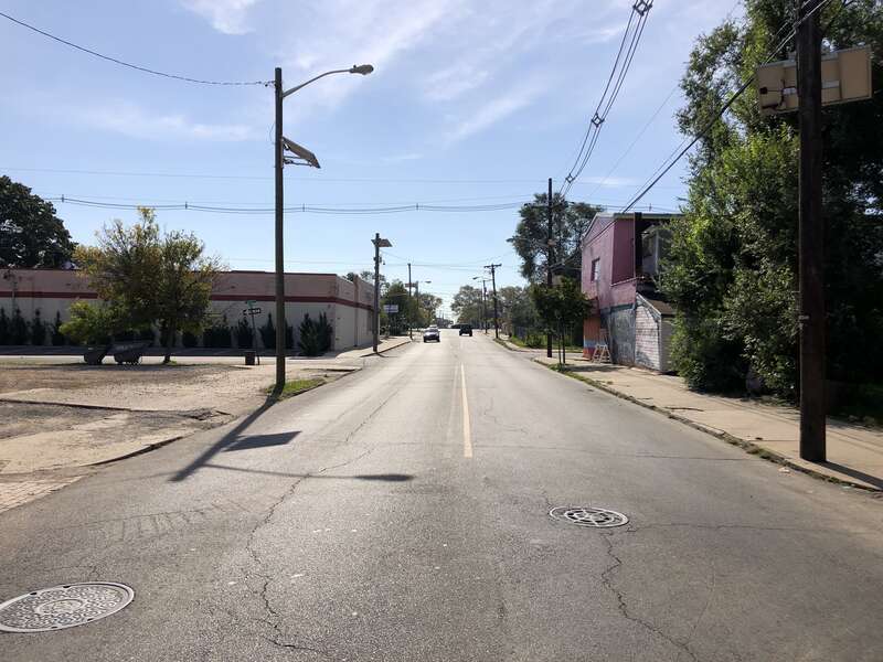 View east along Mercer County Route 626 (Chambers Street) at Tioga Street in Trenton, Mercer County, New Jersey