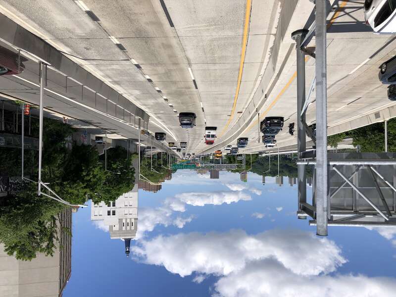 View north along Interstate 87 (Major Deegan Expressway) from the pedestrian overpass at West 161st Street in the Bronx, New York City, New York