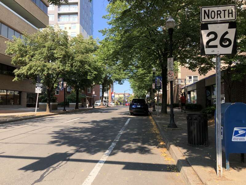View north along Pennsylvania State Route 26 (Beaver Avenue) at Burrowes Street in State College, Centre County, Pennsylvania