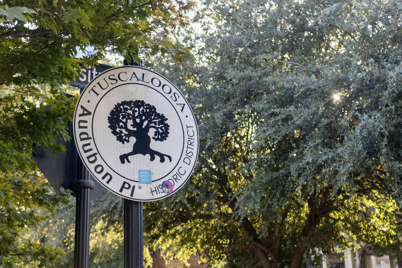 A photograph of the sign marking the Audubon Place Historic District in Tuscaloosa, Alabama taken on October 21st, 2024.