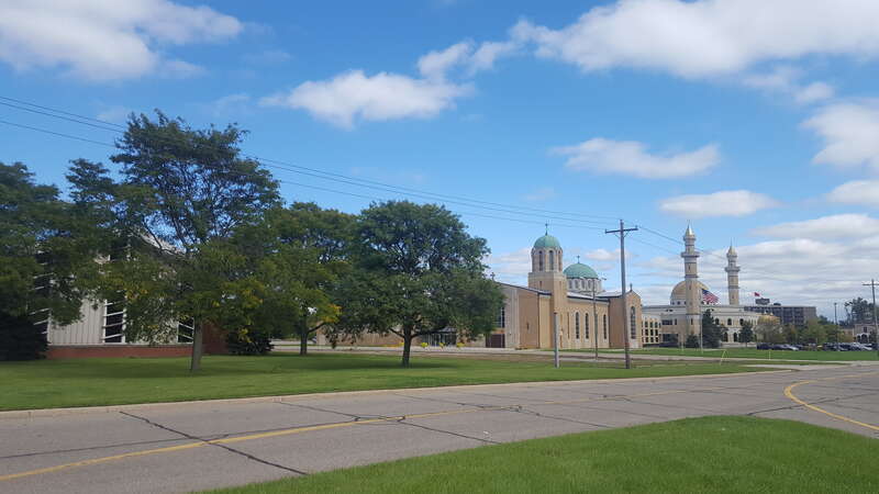 Altar Road, in Dearborn, Michigan. This short street contains only churches, private schools, community centers and a mosque. From west to east: Warrendale Community Church, St. Clements Orthodox Church, Islamic Center of America, Muslim American