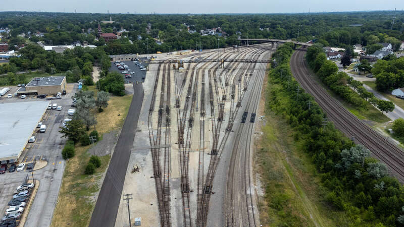 The BNSF Metra train yard in Aurora, Illinois.