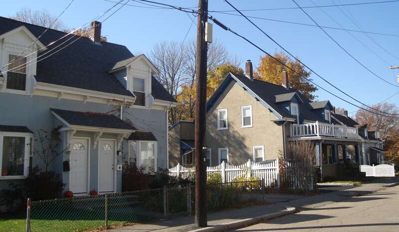 Streetscape of Baxter Street Historic District in Quincy, Massachusetts, built in c. 1880 and added to the National Register of Historic Places in 1989. External link: http://thomascranelibrary.org/htm/306.htm