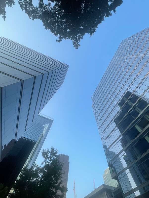 Bellevue, Washington, skyline from a worm's-eye view on 108th Avenue NE.