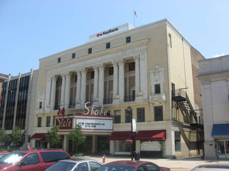 Front and southern side of the Blackstone-State Theater, located at 212 S. Michigan Street in South Bend, Indiana, United States.  Built in 1919, it is listed on the National Register of Historic Places.
