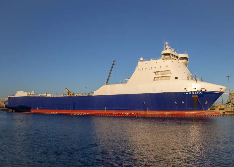 Side view of Blue Origin's ship, Jacklyn. January 2021, Pensacola Bay.