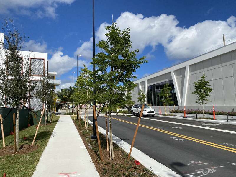 The Brightline station in Boca Raton, seen from down the street to the southwest.