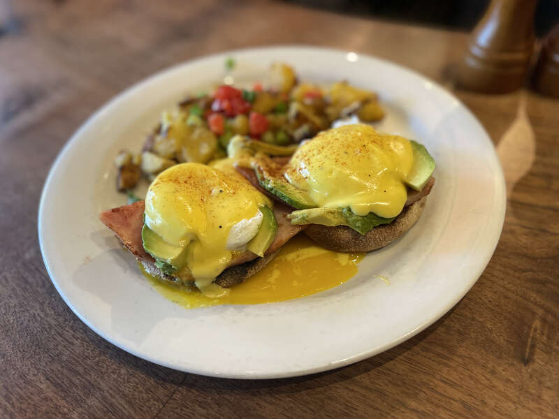 Eggs benedict with avocado at Bogie's Too, San Rafael, California