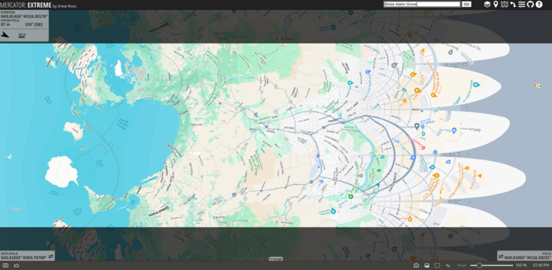 An extreme Mercator projection centered on Boise, Idaho