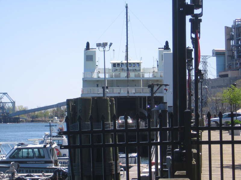 The Bridgeport &amp;amp; Port Jefferson Ferry unloading cars and passengers in Bridgeport, Connecticut, USA.