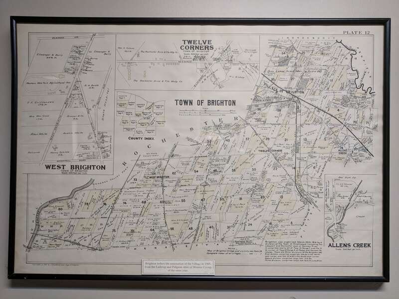 Map of Brighton, Monroe County, New York from Lathrop and Pidgeon's 1902 Plat Book of Monroe County, New York hanging in the basement of the town hall