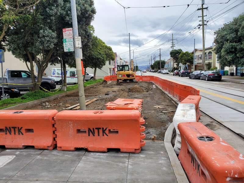 Transit bulb construction at 15th Avenue and Taraval, part of the L Taraval Improvement Project, in February 2024
