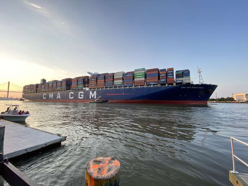 CMA CGM Marco Polo traveling through the Savannah Port, Georgia, USA with the Talmadge Memorial Bridge in the background. This is the largest container ship (so far) to visit the Savannah Georgia port of entry.