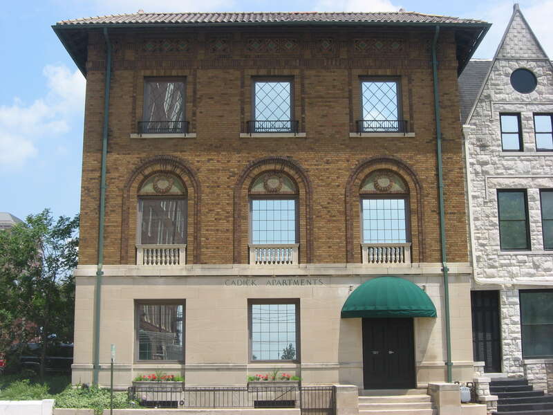 Front of the Cadick Apartments, located at 118 SE. First Street in Evansville, Indiana, United States.  Built in 1916, it is listed on the National Register of Historic Places.