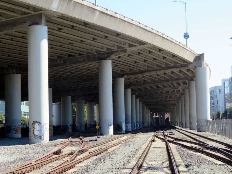 Caltrain tracks under I-280 in Mission Bay, San Francisco in September 2018