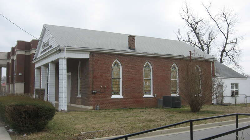 Western side and front of the Cecelia Memorial Presbyterian Church, located at 716 College Street in Bowling Green, Kentucky, United States.  Built in 1845, it is listed on the National Register of Historic Places.