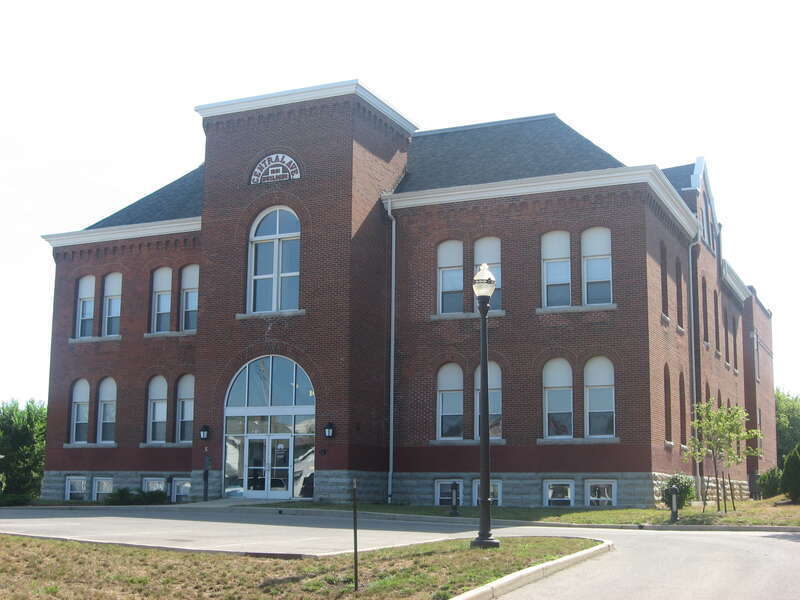 Front and southern side of the Central Avenue School, located at 2120 Central Avenue in Anderson, Indiana, United States.  Built in 1891 and since converted into apartments, it is listed on the National Register of Historic Places.