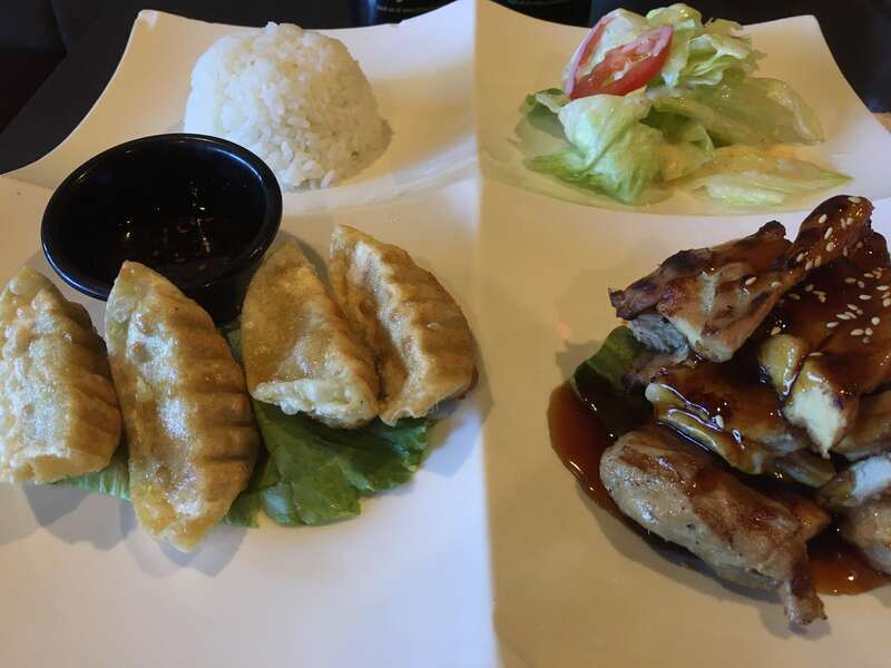Chicken Teriyaki, Gyoza, Salad, and Rice