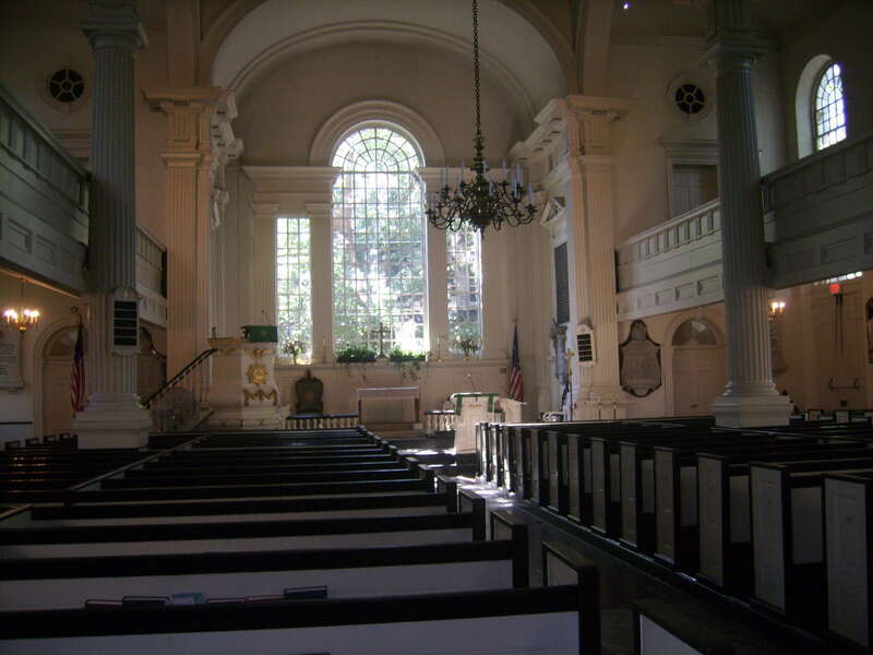 Interior of Christ Church, North 2nd Street. The main body of the church was constructed between 1727 and 1744, and the steeple was added in 1754, making it the tallest building in North America at the time, at 60 meters. Christ Church's congregation