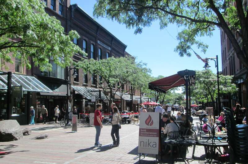 The Church Street Marketplace looking south from Bank Street in Burlington, Vermont