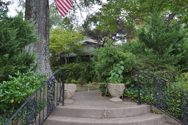 Stairs to the T.D. Manus House, located at 142 S. Union Street in Concord, North Carolina, United States.  Built in 1927, it is part of the South Union Street Historic District, a historic district that is listed on the National Register of Historic