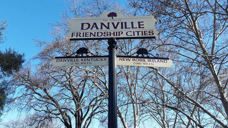 A sign in Danville, California, indicating its friendship cities: Danville, Kentucky, and New Ross, Ireland.