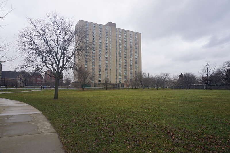 Lafayette Park and City Place Detroit in Detroit, Michigan (United States).