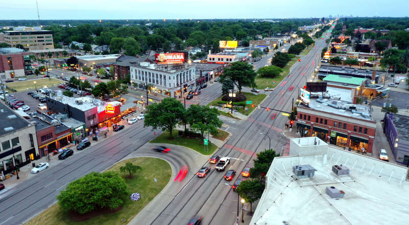 The core of Ferndale, Michigan's downtown area is the intersection of 9 Mile Rd and Woodward Avenue, exactly nine miles north of Downtown Detroit (which can be seen on the horizon).