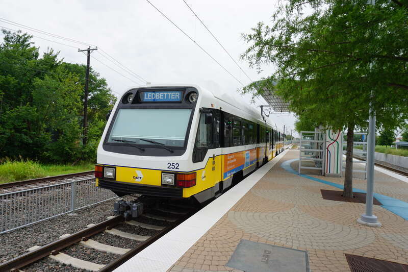 A DART Light Rail Blue Line train at Downtown Rowlett Station in Rowlett, Texas (United States).