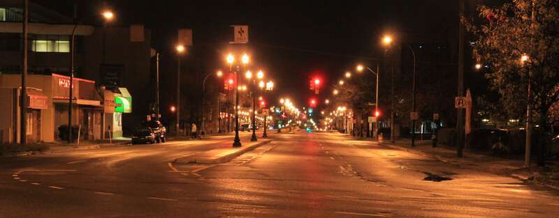 Downtown Ypsilanti at Night, Michigan Avenue facing east at Congress Street, Ypsilanti, Michigan